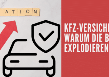 Infografik zur Kfz-Versicherung 2024: Das Wort 'INFLATION' in Scrabble-Buchstaben, ein roter nach oben zeigender Pfeil, ein Autosymbol mit Schutzschild, und der Text 'KFZ-VERSICHERUNG 2024: WARUM DIE BEITRÄGE EXPLODIEREN' auf rotem Hintergrund.