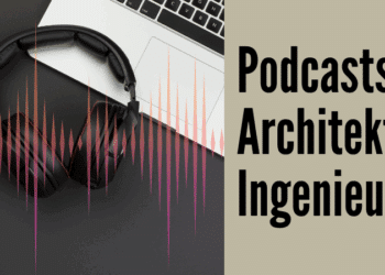 Mikrofon, Kopfhörer und Laptop auf dunklem Hintergrund mit Schallwellen und Text „Podcasts für Architekten und Ingenieure“.